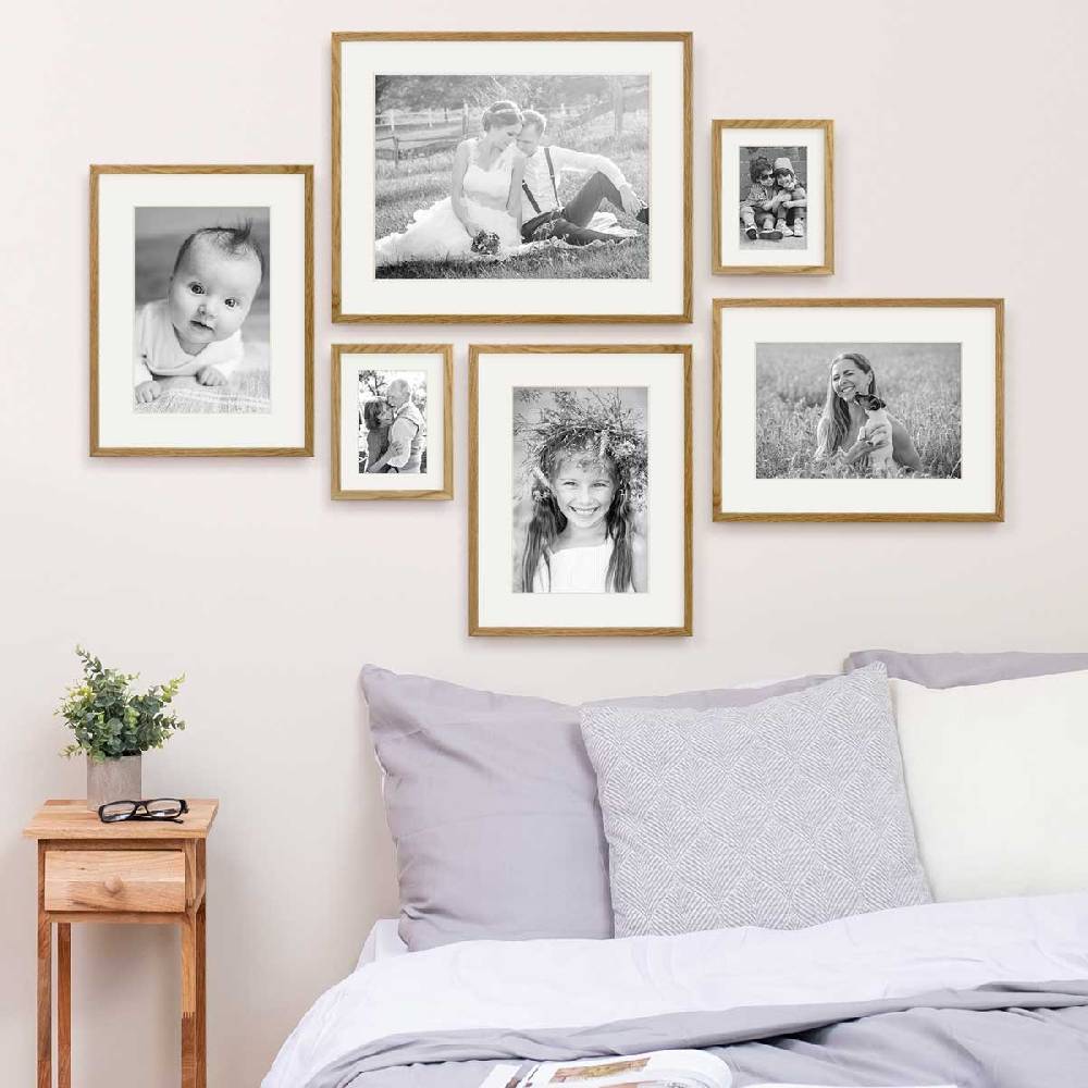 Photolini 6er Set Bilderrahmen Holz, Eiche 15x20, 30x40 und 40x50 cm mit Passepartout