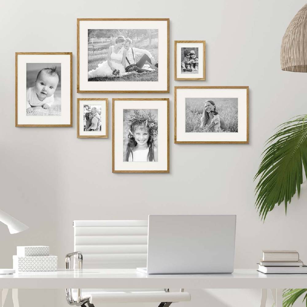 Photolini 6er Set Bilderrahmen Holz, Eiche 15x20, 30x40 und 40x50 cm mit Passepartout Outlet
