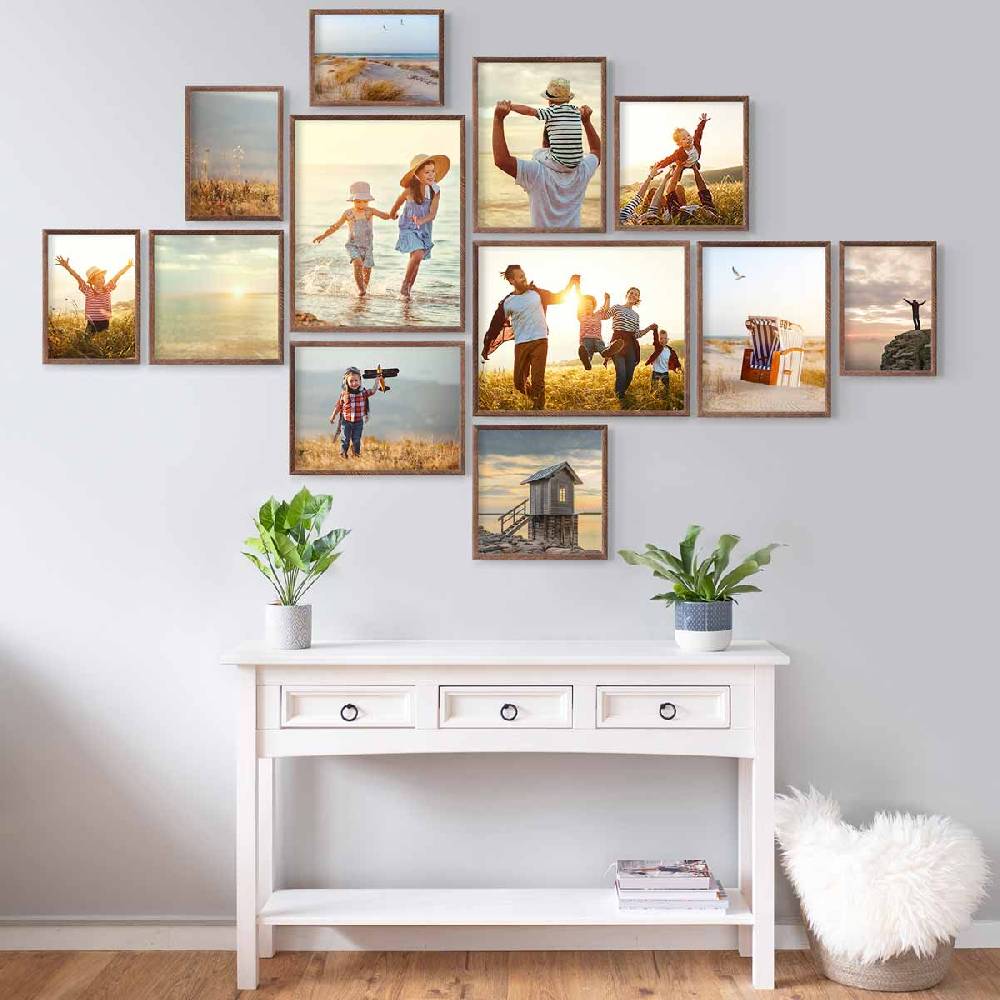 Photolini 12er Bilderrahmen-Set Eiche Dunkel Massivholz Schmal 21x30 bis 40x50 cm mit Acrylglasscheibe