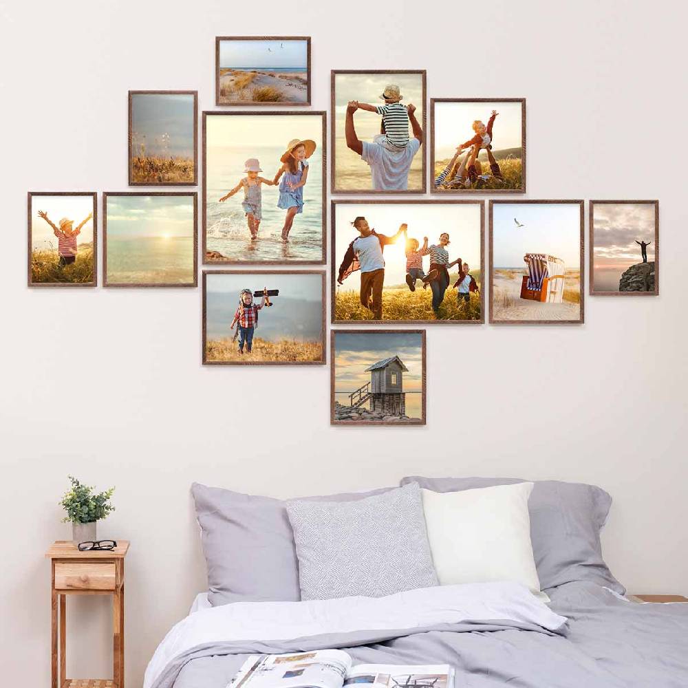 Photolini 12er Bilderrahmen-Set Eiche Dunkel Massivholz Schmal 21x30 bis 40x50 cm mit Acrylglasscheibe Auslauf