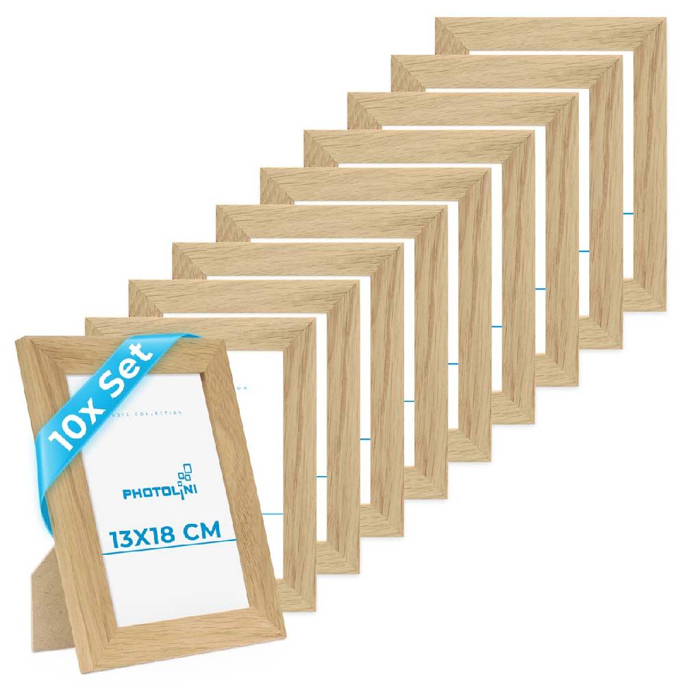 Photolini 10er Bilderrahmen-Set 13x18 cm Eiche Massivholz Basic Collection | Acrylglas