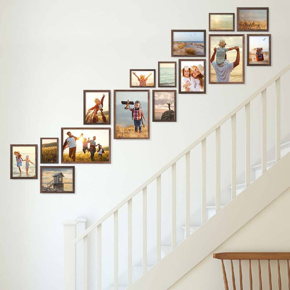 Photolini 15er Bilderrahmen-Set Eiche Dunkel aus Massivholz Schmal Treppenhaus 10x15 bis 21x30 cm mit Acrylglasscheibe