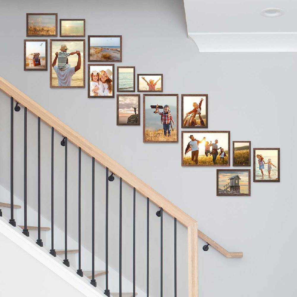 Photolini 15er Bilderrahmen-Set Eiche Dunkel aus Massivholz Schmal Treppenhaus 10x15 bis 21x30 cm mit Acrylglasscheibe Fabrikverkauf