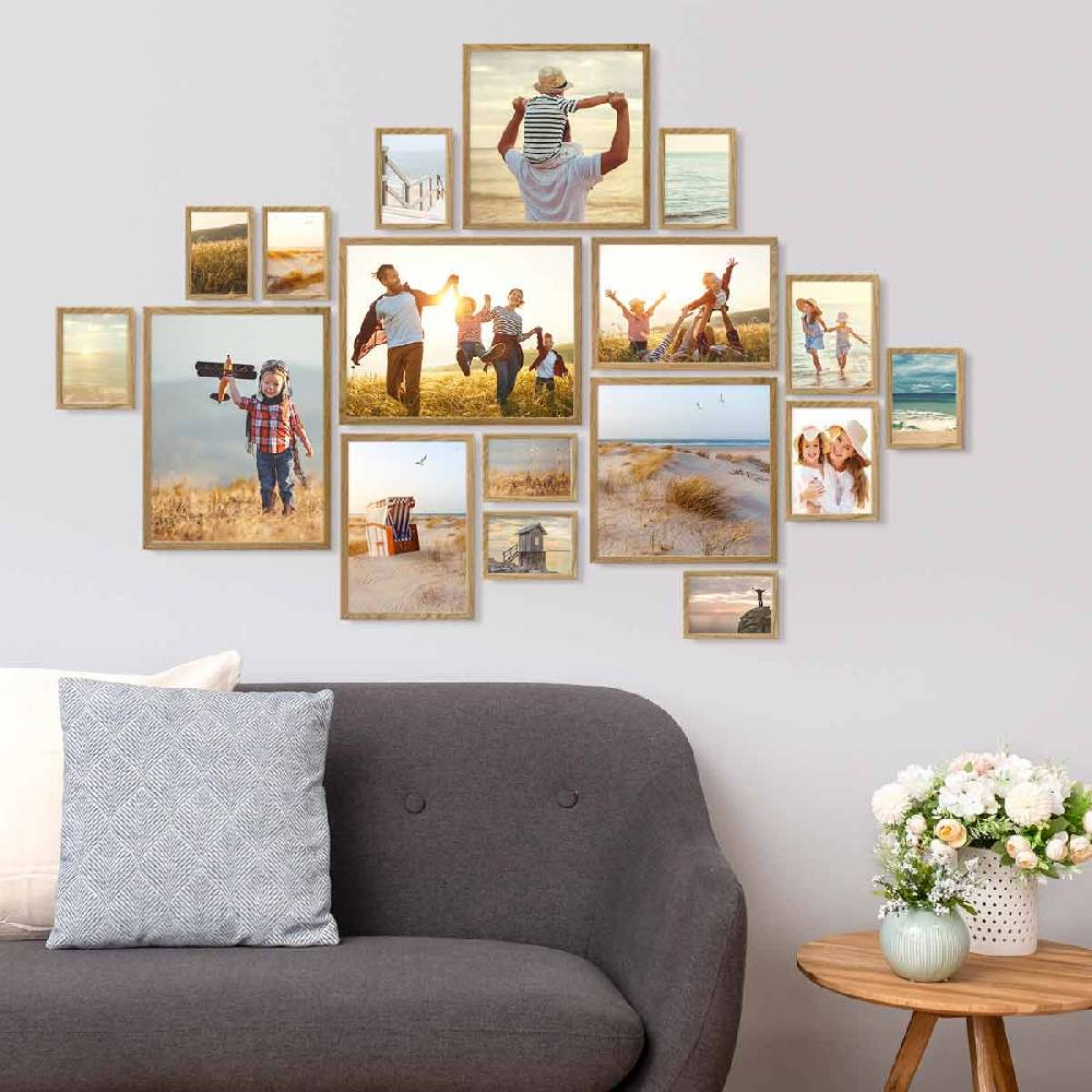 Photolini 17er Bilderrahmen-Set Eiche Massivholz Schmal 10x15 bis 30x40 cm mit Acrylglasscheibe