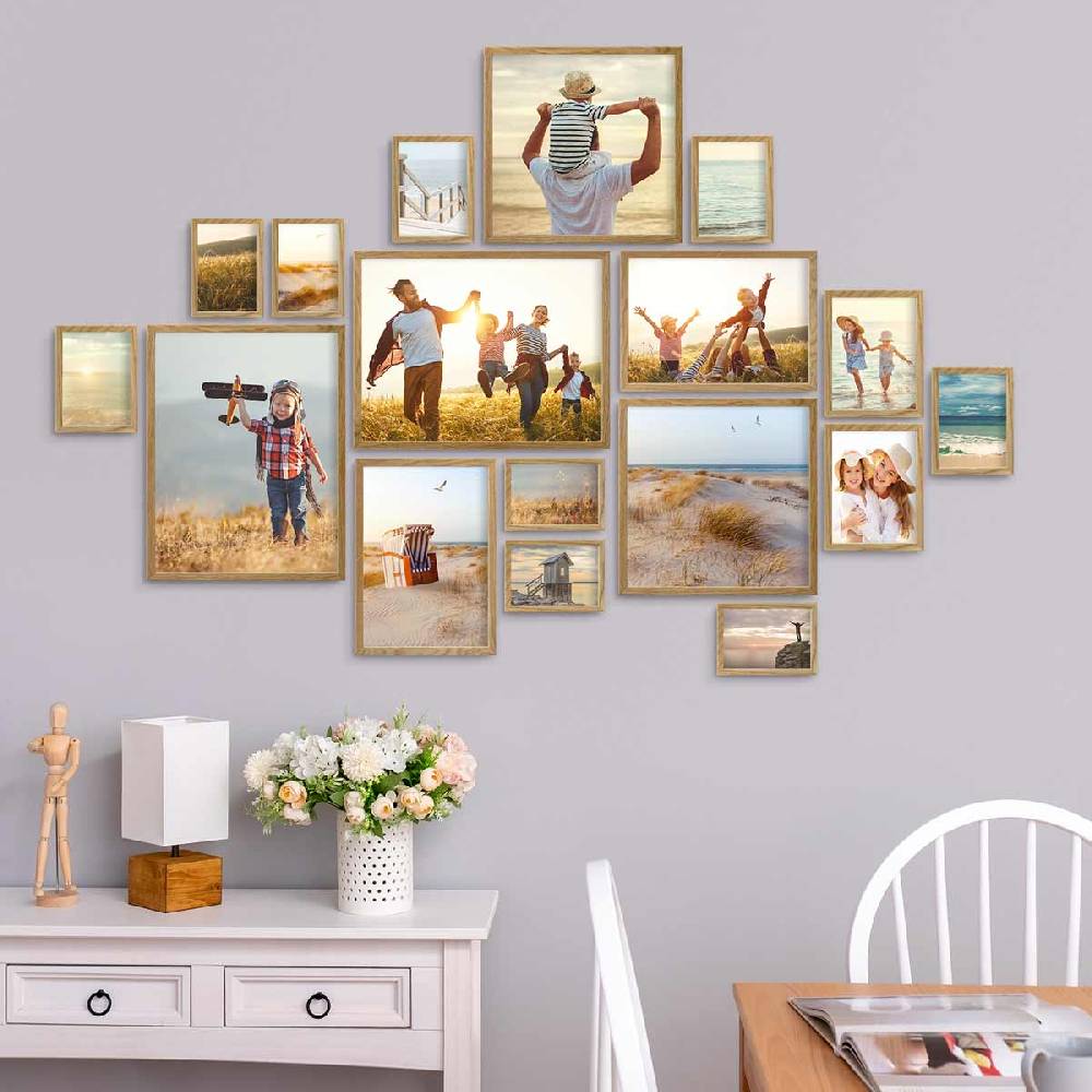 Photolini 17er Bilderrahmen-Set Eiche Massivholz Schmal 10x15 bis 30x40 cm mit Acrylglasscheibe Blitzverkäufe