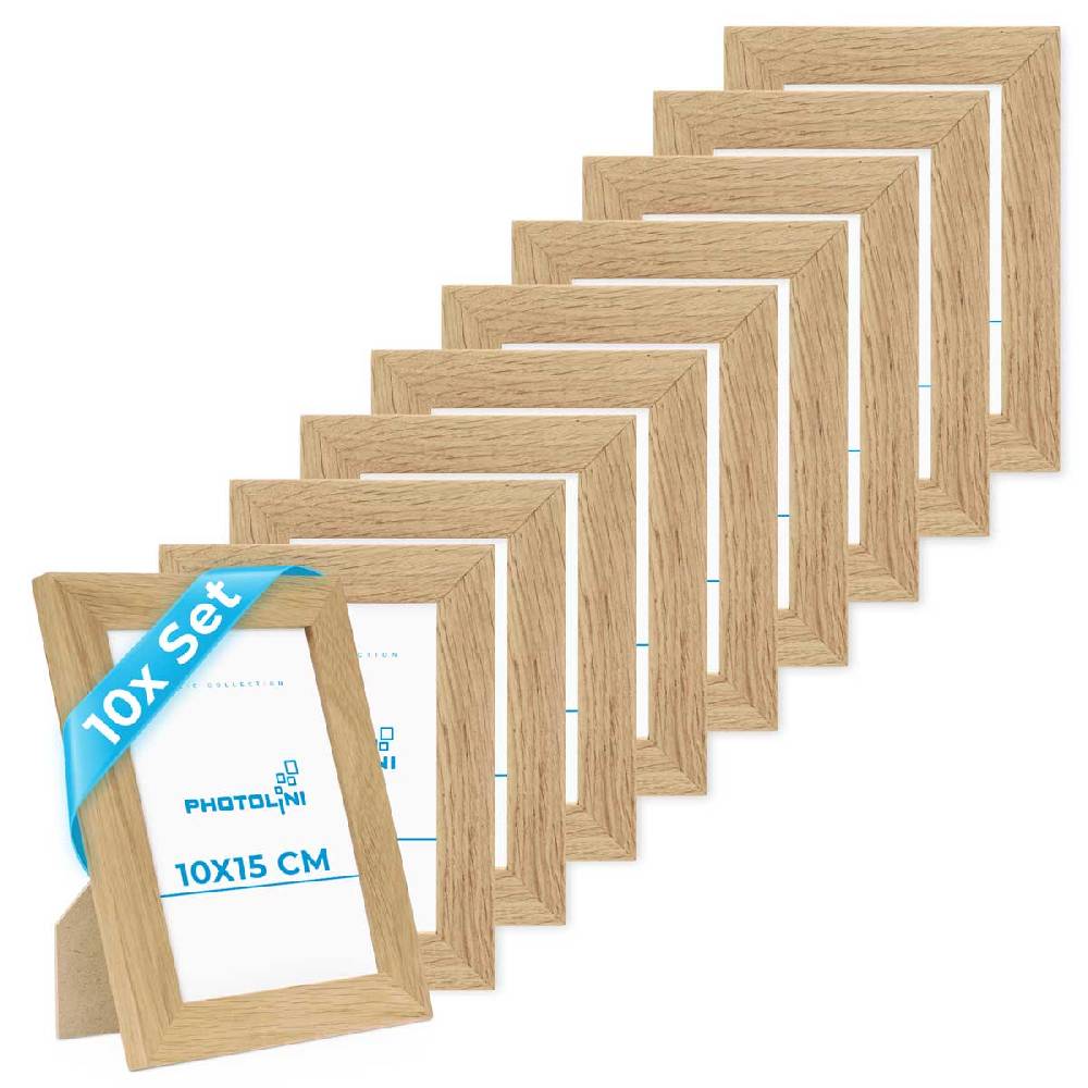 Photolini 10er Bilderrahmen-Set 10x15 cm Modern Eiche Massivholz Basic Collection | Acrylglas