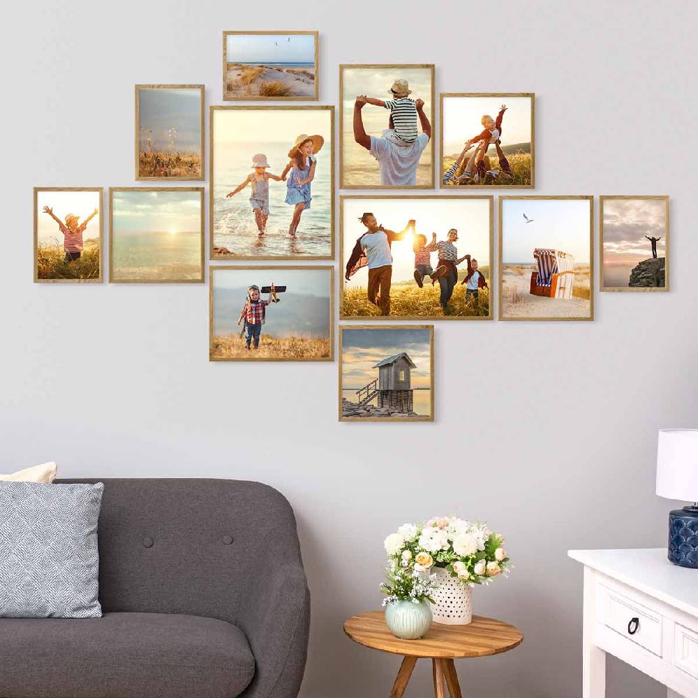 Photolini 12er Bilderrahmen-Set Eiche Massivholz Schmal 21x30 bis 40x50 cm mit Acrylglasscheibe