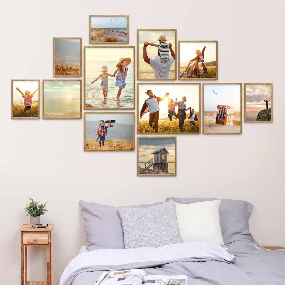 Photolini 12er Bilderrahmen-Set Eiche Massivholz Schmal 21x30 bis 40x50 cm mit Acrylglasscheibe Fabrikpreis