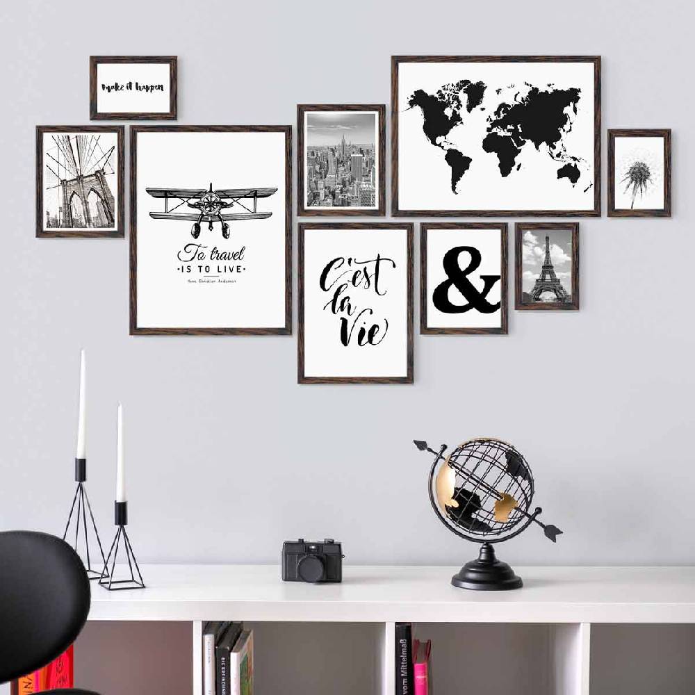 Photolini 9er Bilderrahmen-Set Eiche Dunkel aus MDF