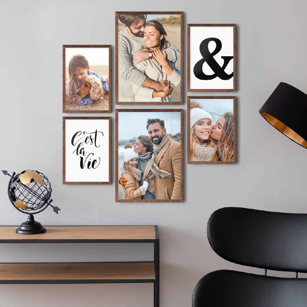 Photolini 6er Bilderrahmen-Set Eiche Dunkel aus Massivholz Schmal 2x 30x42 cm/DIN A3 und 4x 21x30 cm/DIN A4 mit Acrylglasscheibe