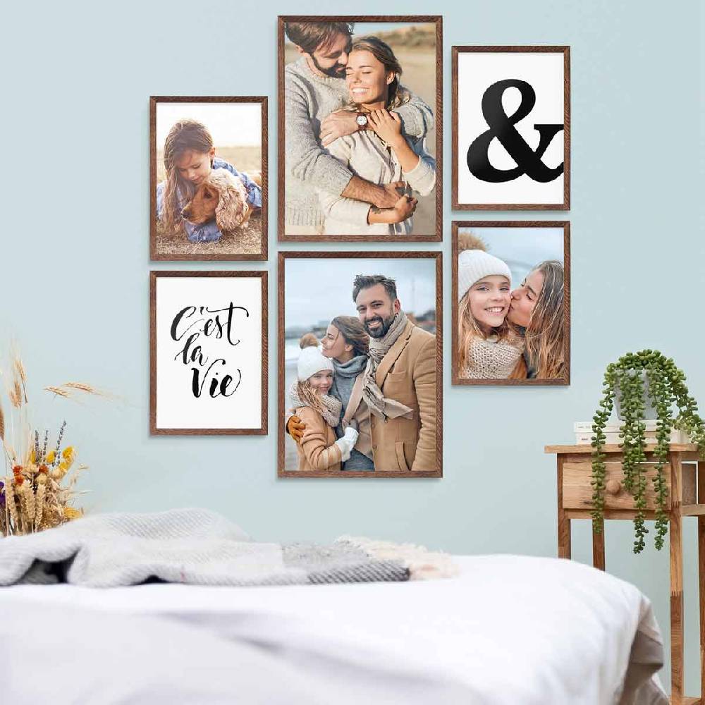 Photolini 6er Bilderrahmen-Set Eiche Dunkel aus Massivholz Schmal 2x 30x42 cm/DIN A3 und 4x 21x30 cm/DIN A4 mit Acrylglasscheibe Günstig kaufen