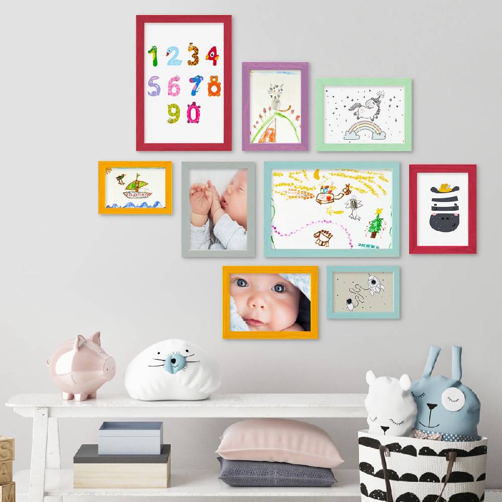 Photolini 9er Set Bilderrahmen Bunt Massivholz 10x15 bis 21x30 cm | Acrylglas