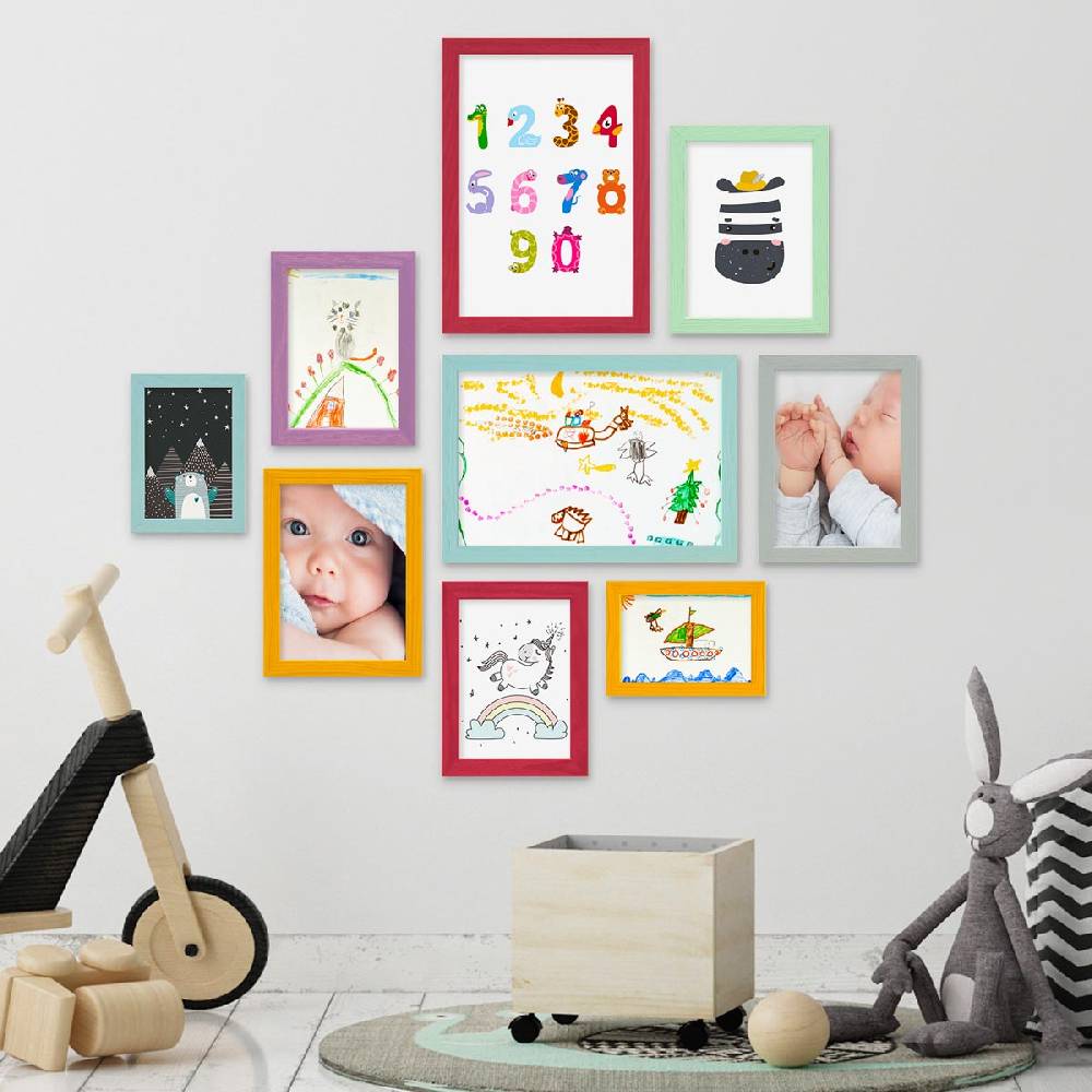 Photolini 9er Set Bilderrahmen Bunt Massivholz 10x15 bis 21x30 cm | Acrylglas Flash Sale