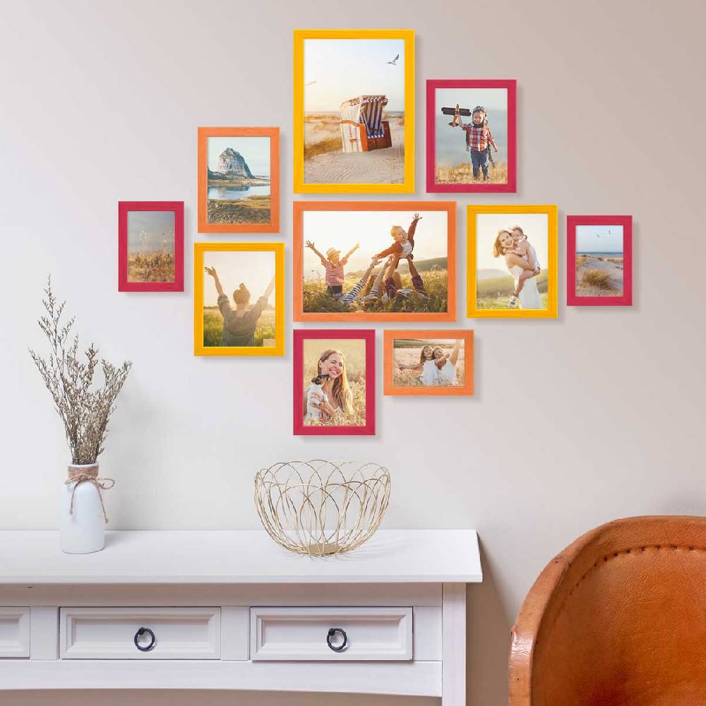 Photolini 10er Set Bilderrahmen Rot Gelb Orange Massivholz 10x15 bis 21x30 cm | Acrylglas Begrenztes Angebot
