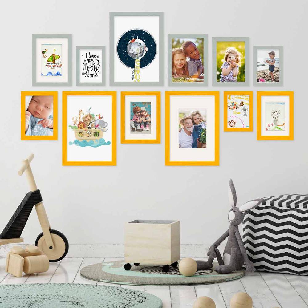 Photolini 12er Set Bilderrahmen Gelb Grau Massivholz 10x15 bis 21x30 cm mit 4 Passepartouts | Acrylglas
