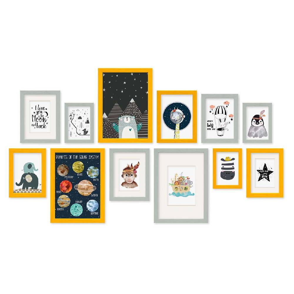 Photolini 12er Set Bilderrahmen Gelb Grau Massivholz 10x15 bis 21x30 cm mit 4 Passepartouts | Acrylglas Black Friday