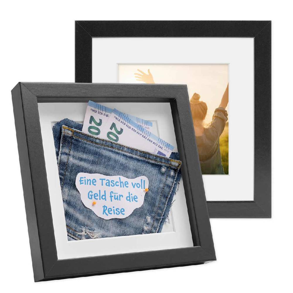Photolini 2er Set 3D-Bilderrahmen 20x20 cm mit Passepartout, Schwarz