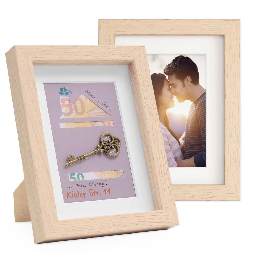 Photolini 2er Set 3D-Bilderrahmen 15x20 cm mit Passepartout, Natur