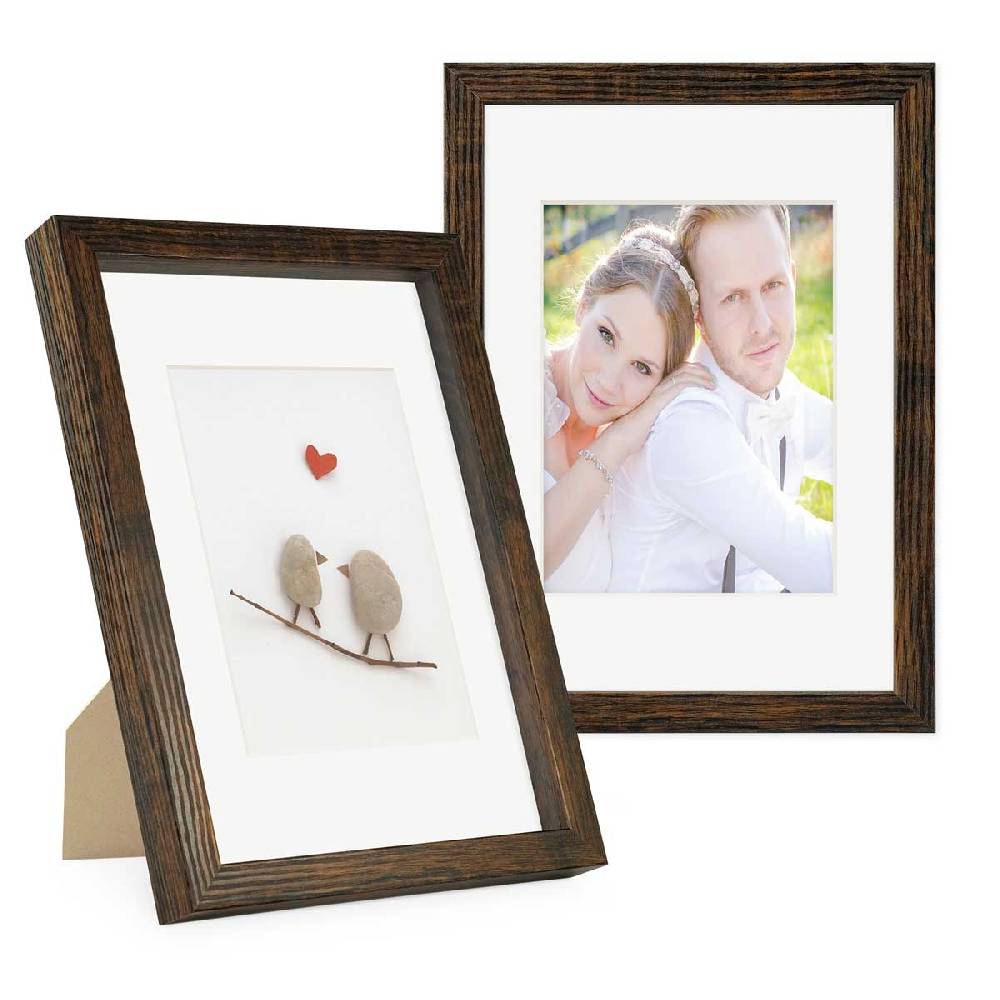 Photolini 2er Set 3D-Bilderrahmen 21x30 cm / A4 mit Passepartout, Eiche Dunkel