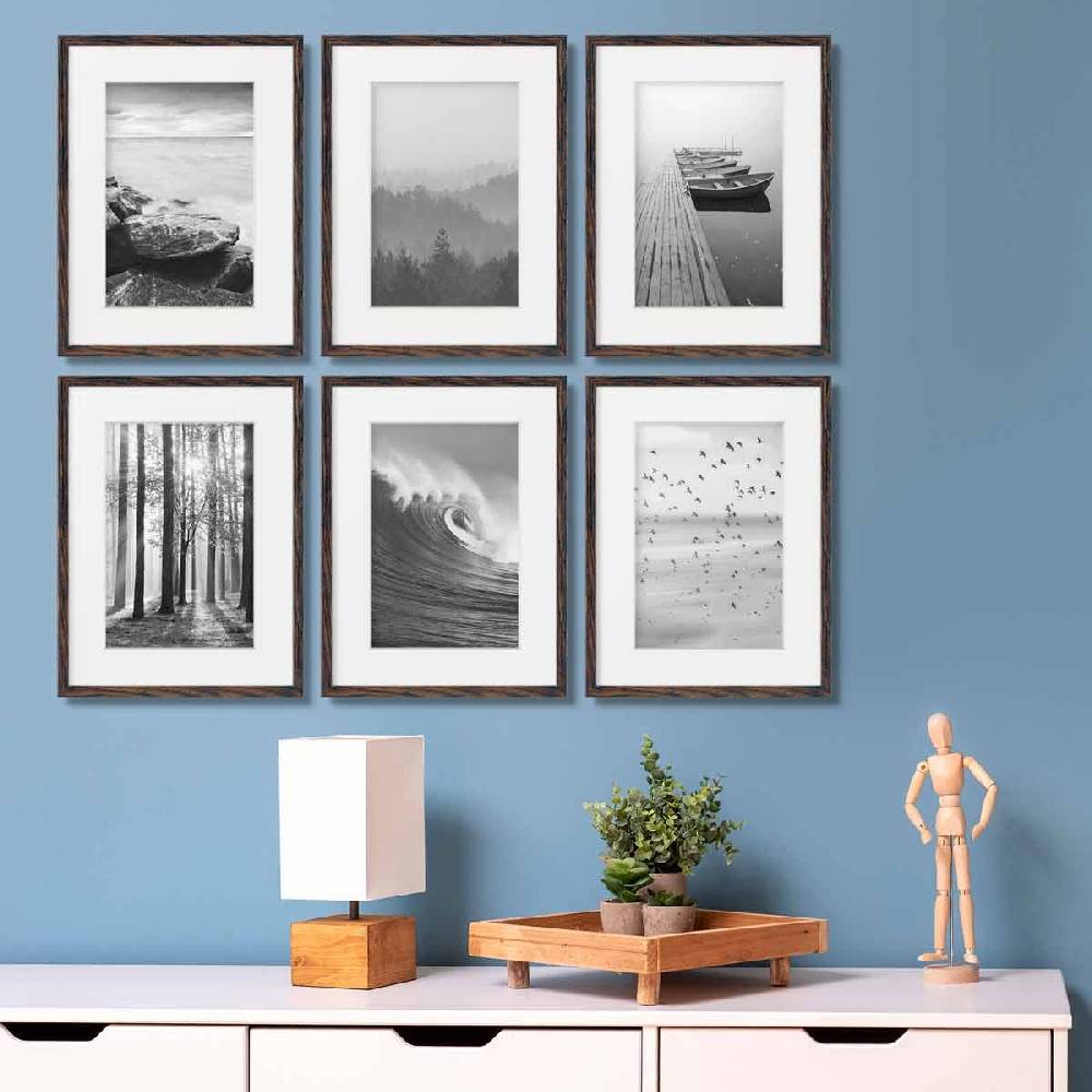 Photolini 6er Set Poster-Bilderrahmen 30x40 cm Eiche Dunkel MDF mit Passepartout Super Sparpreis