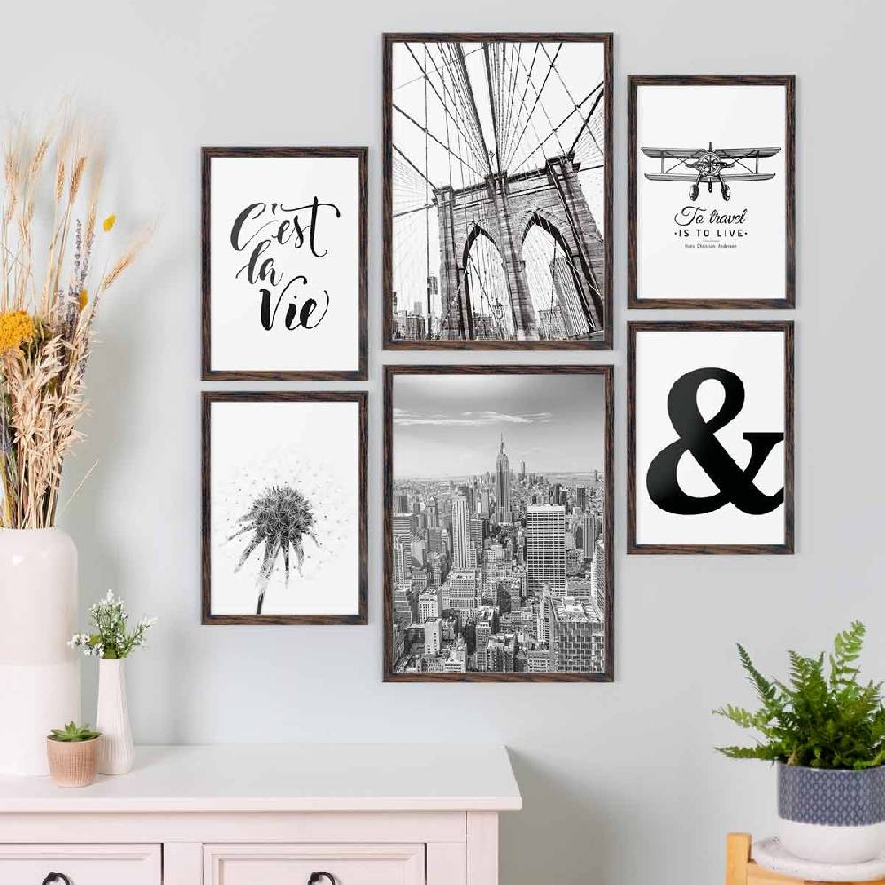 Photolini 6 Bilderrahmen Eiche Dunkel 2x 30x42 und 4x 21x30 cm / DIN A4 MDF mit Acrylglas Begrenzte Freigabe
