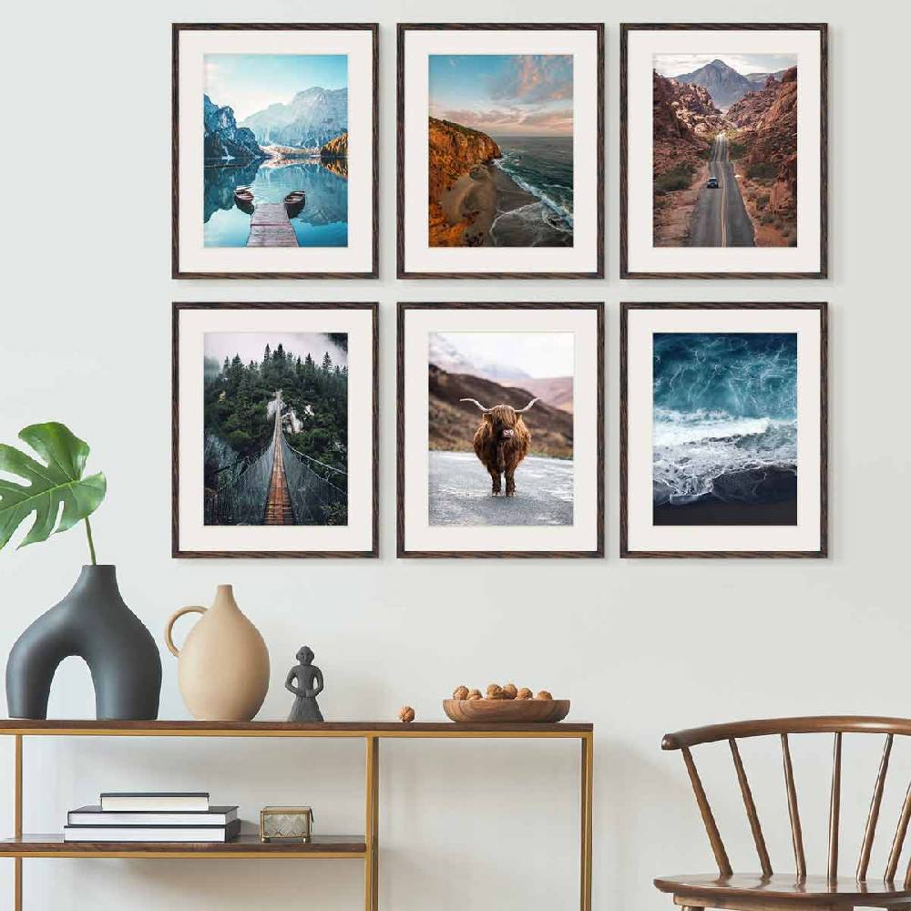 Photolini 6er Set Poster-Bilderrahmen 40x50 cm Eiche Dunkel MDF mit Passepartout