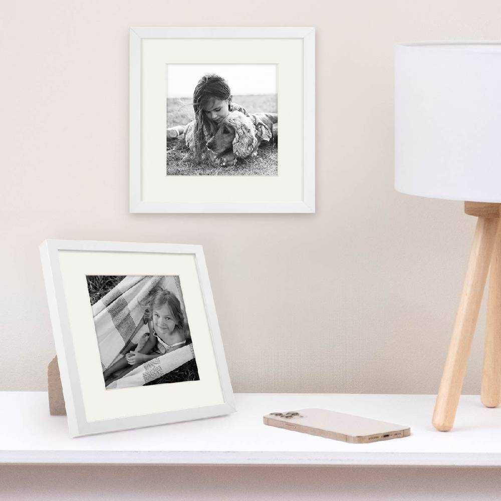 Photolini Bilderrahmen Holz, Weiß 20x20 cm mit Passepartout 14x14 cm Kostenloser Versand