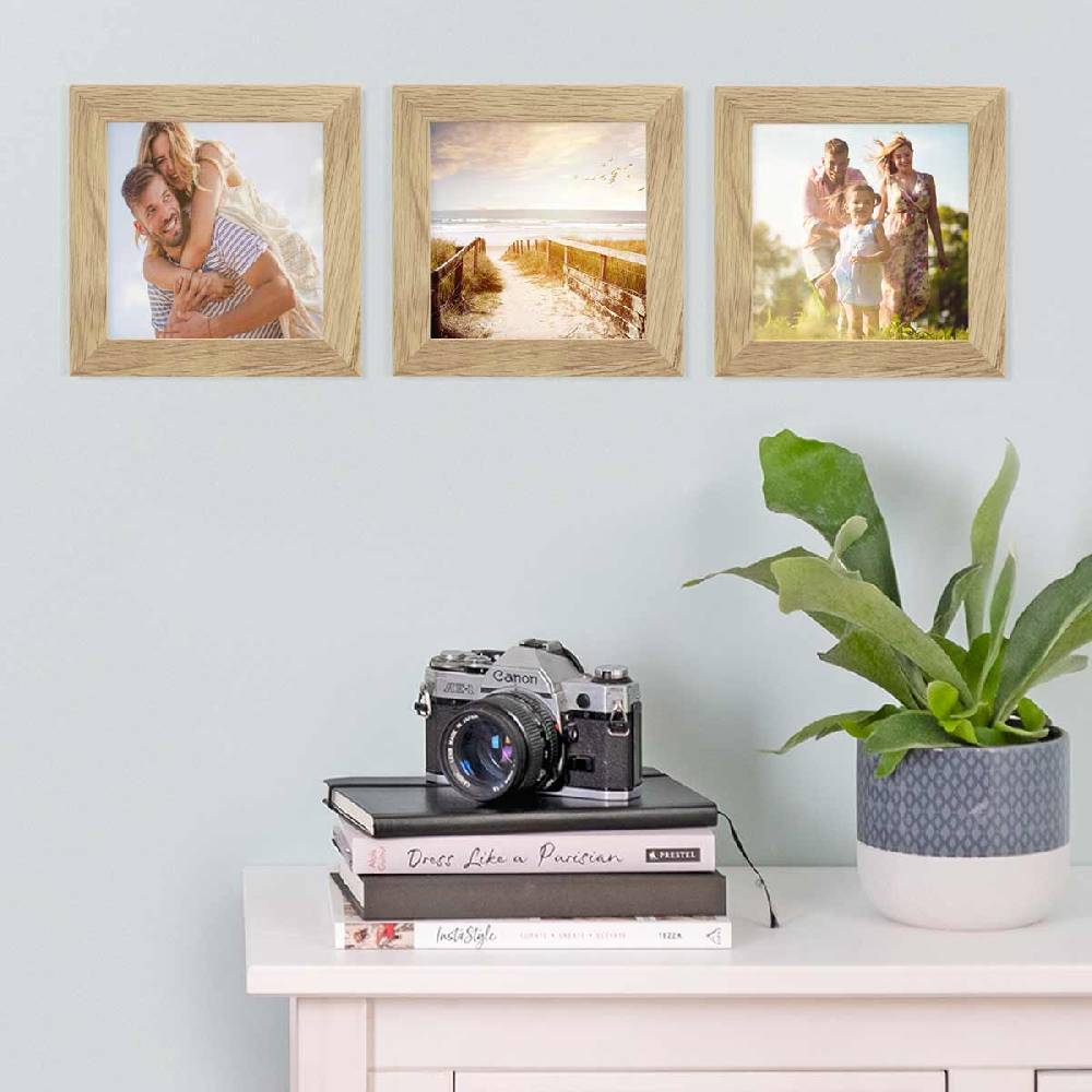 Photolini 3er Bilderrahmen-Set breit 15x15 cm Eiche Massivholz | Acrylglas Heißer Verkauf