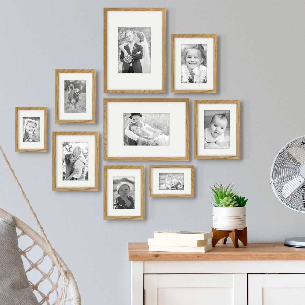 Photolini 9er Set Bilderrahmen Holz, Eiche mit Passepartout Blitzangebot