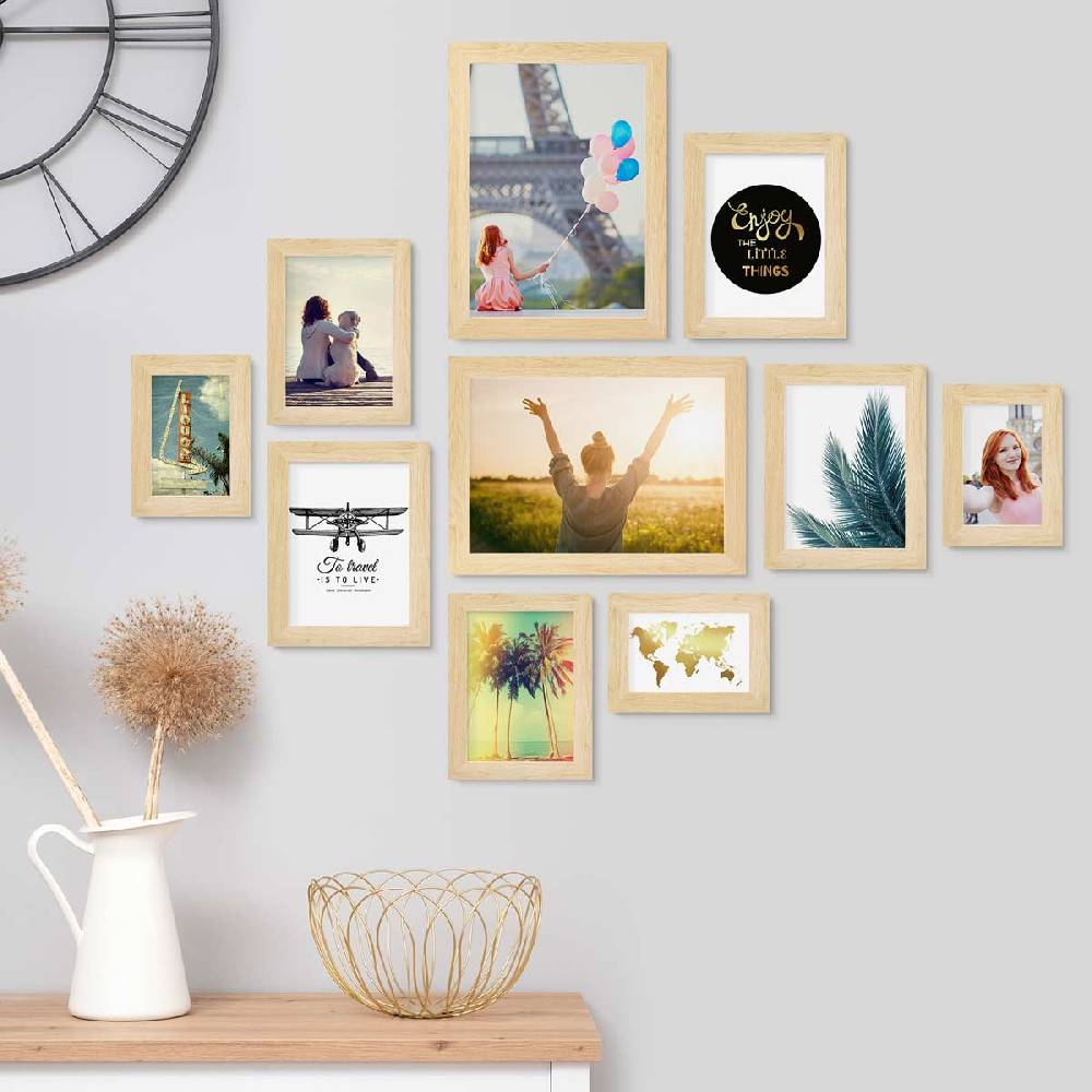 Photolini 10er Bilderrahmen-Set Natur breit modern MDF-Holz mit Acrylglas