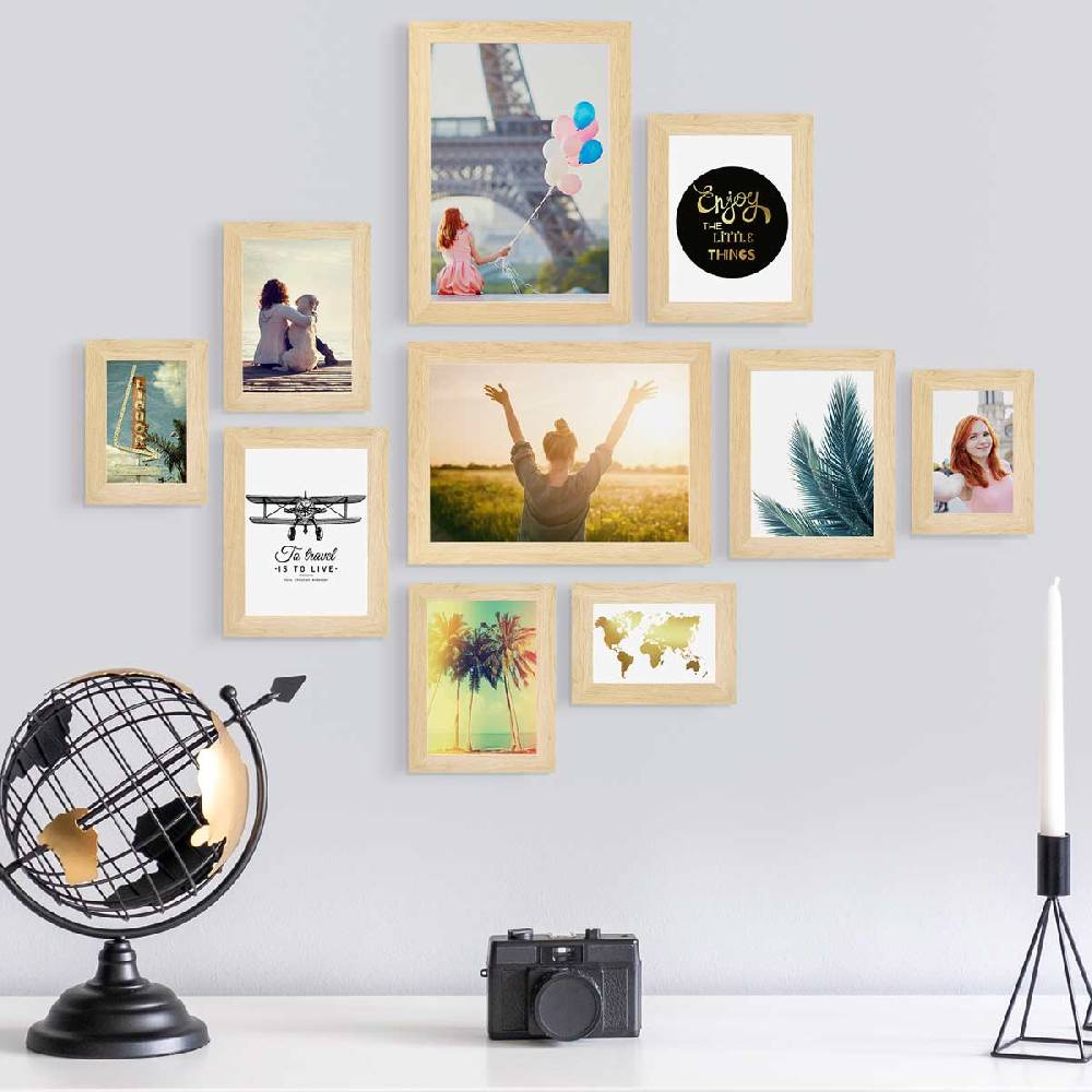 Photolini 10er Bilderrahmen-Set Natur breit modern MDF-Holz mit Acrylglas Bestseller