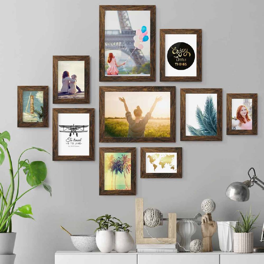 Photolini 10er Bilderrahmen-Set Eiche Dunkel breit modern MDF-Holz mit Acrylglas