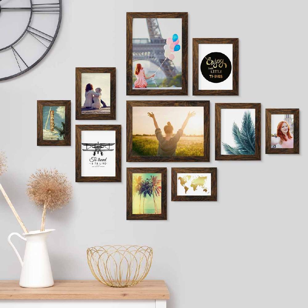 Photolini 10er Bilderrahmen-Set Eiche Dunkel breit modern MDF-Holz mit Acrylglas Riesige Ersparnisse