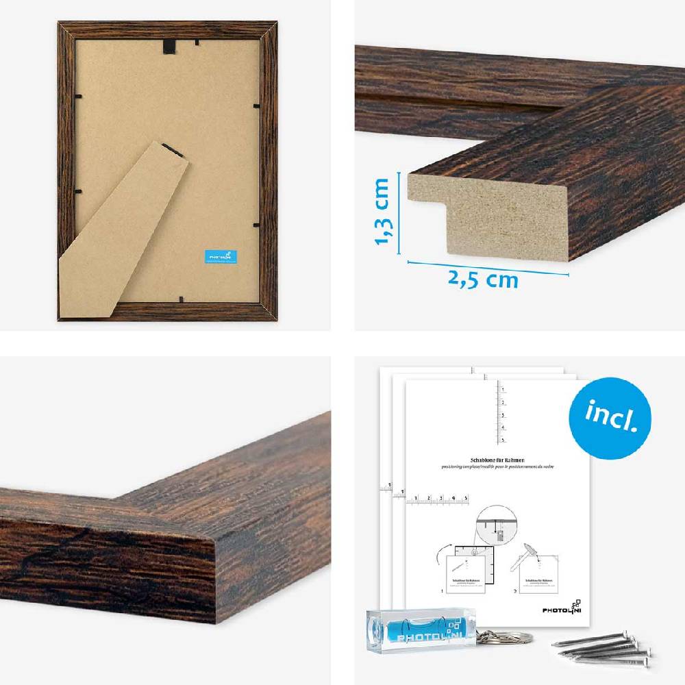 Photolini 10er Bilderrahmen-Set Eiche Dunkel breit modern MDF-Holz mit Acrylglas Riesige Ersparnisse