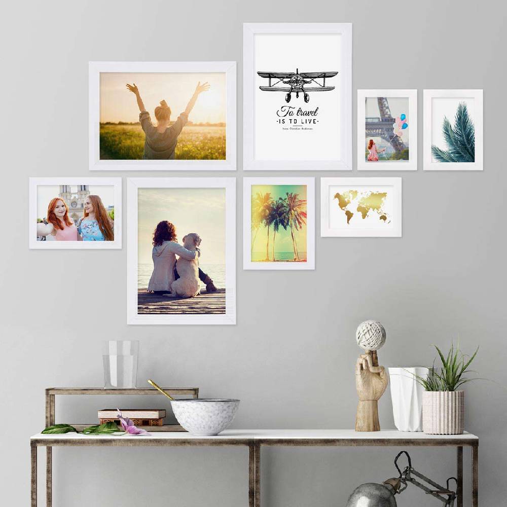 Photolini 8er Bilderrahmen-Set Weiß breit modern MDF-Holz mit Acrylglas