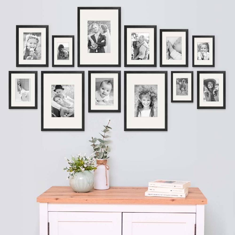 Photolini 12er Set Bilderrahmen Holz, Schwarz mit Passepartout Tiefpreis