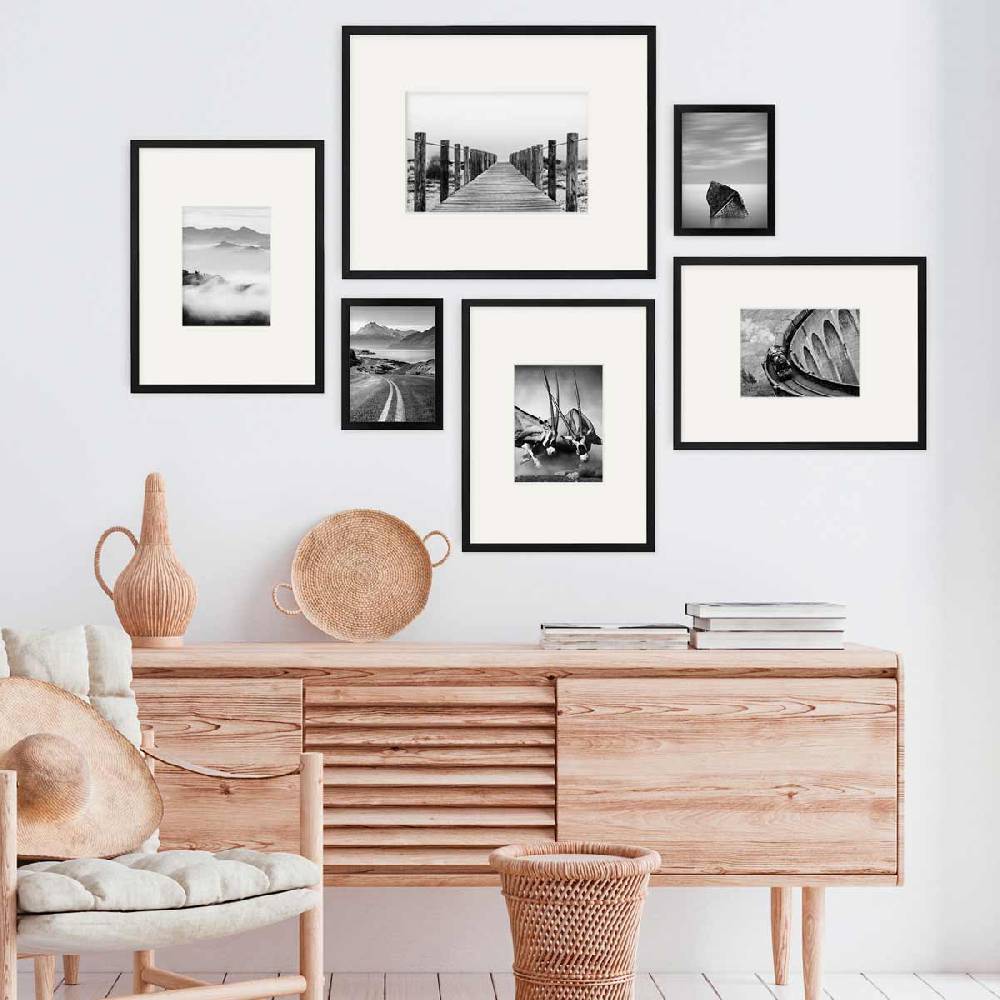 Photolini 6er Bilderrahmen-Set Modern Schwarz aus MDF 15x20 cm, 30x40 cm und 40x50 cm mit Passepartout Wochenangebot