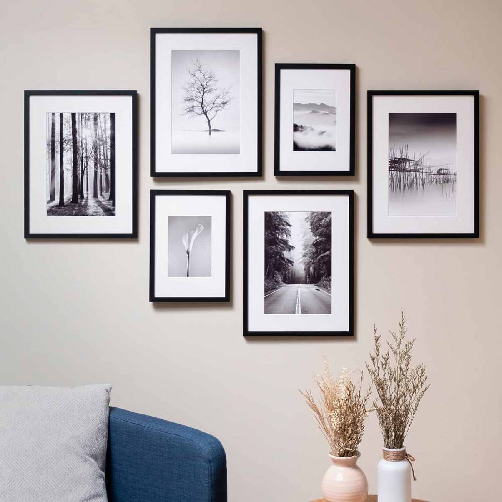 Photolini 6er Bilderrahmen-Set Modern Schwarz aus MDF 21x30 cm / DIN A4 und 30x40 cm mit Passepartout Begrenzte Freigabe