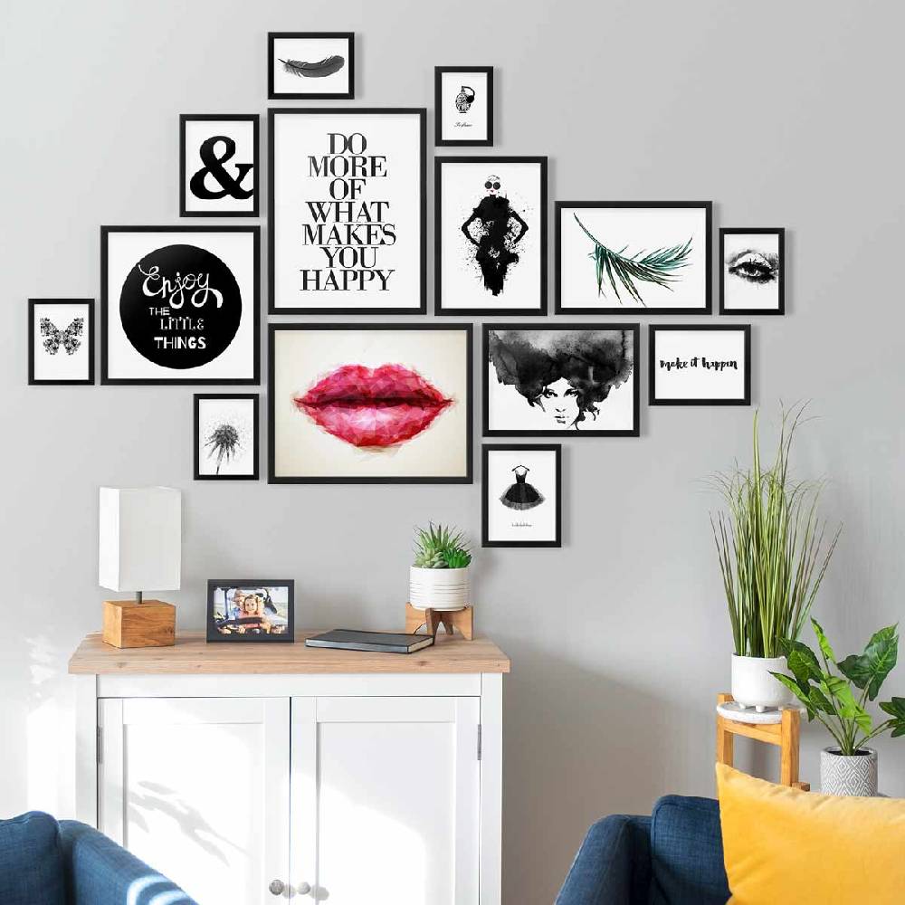 Photolini 14er Bilderrahmen-Set Modern Schwarz aus MDF Letzte 2 Tage
