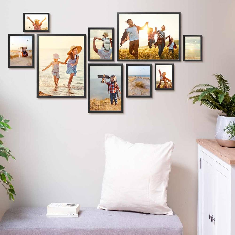 Photolini 9er Bilderrahmen-Set Schwarz Massivholz Schmal 10x15 bis 30x40 cm mit Acrylglasscheibe Letzter Tag