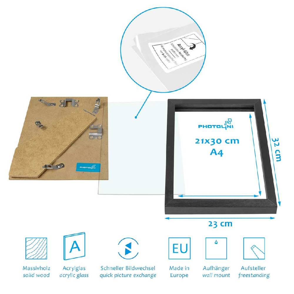 Photolini 4er Bilderrahmen-Set Schwarz Massivholz Schmal 21x30 cm / DIN A4 mit Acrylglasscheibe Bis zu 60% Rabatt