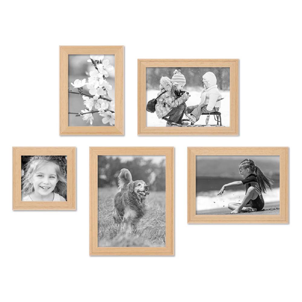 Photolini 5er Set Landhaus-Bilderrahmen Holz Natur Massivholz inkl. Zubehör Sonderangebot der Fabrik