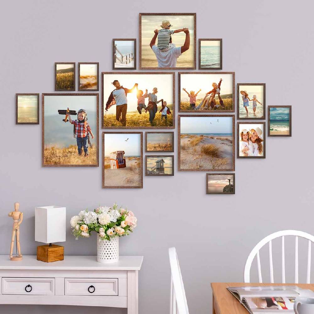Photolini 17er Bilderrahmen-Set Eiche Dunkel Massivholz Schmal 10x15 bis 30x40 cm mit Acrylglasscheibe Bis zu 55% Rabatt