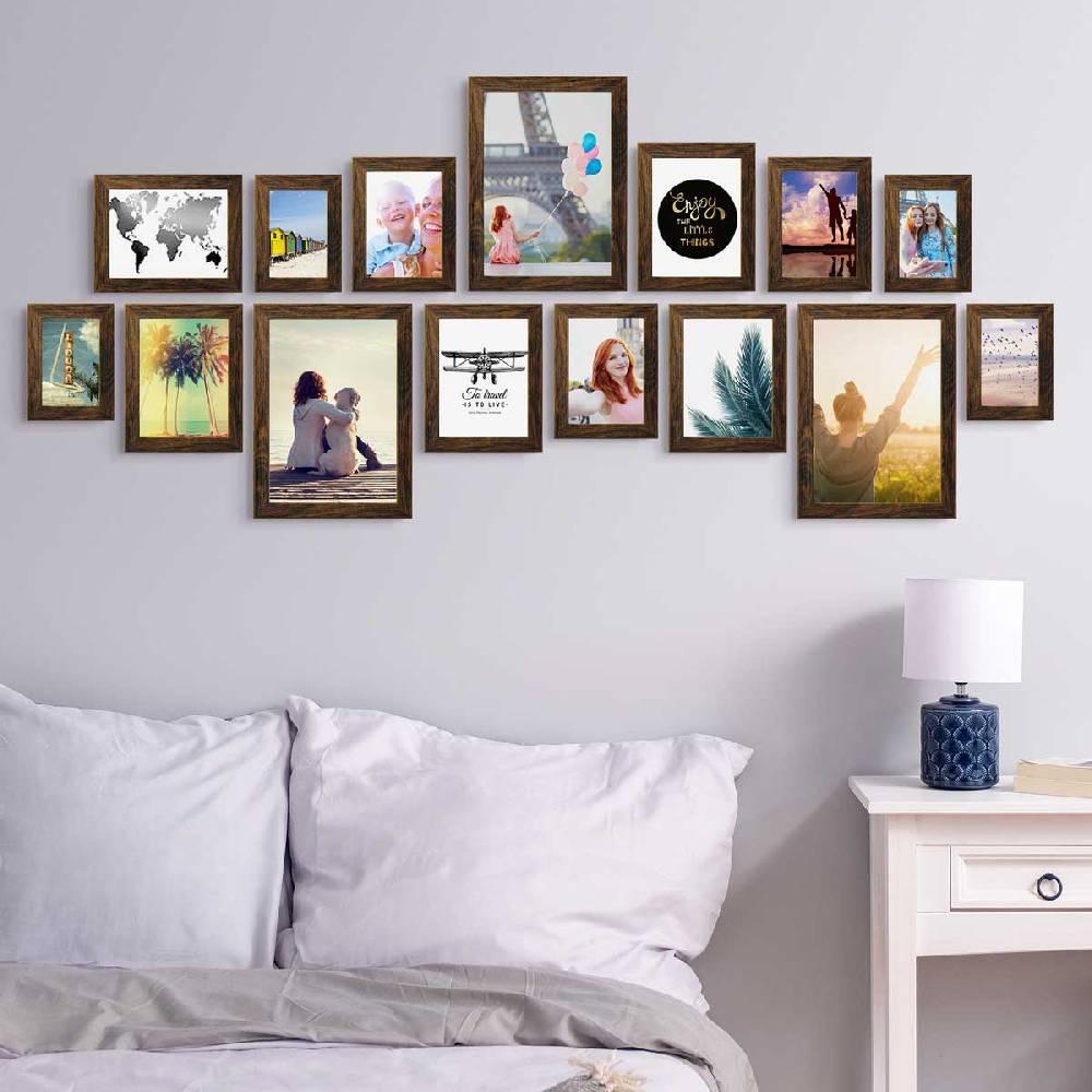 Photolini 15er Bilderrahmen-Set Eiche Dunkel breit modern MDF-Holz mit Acrylglas 50% Rabatt mit kostenlosem Versand