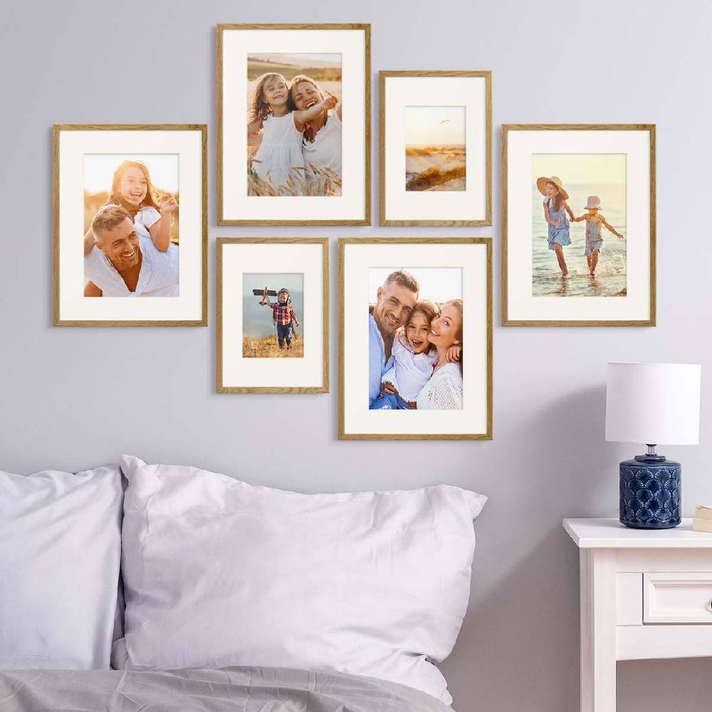 Photolini 6er Bilderrahmen-Set Eiche aus Massivholz 21x30 cm/DIN A4 und 30x40 cm mit Passepartout mit Acrylglasscheibe zollfrei