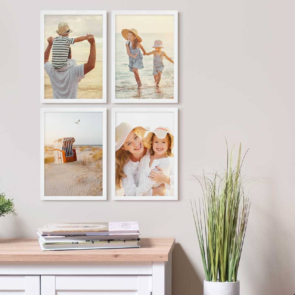 Photolini 4er Bilderrahmen-Set Weiß Massivholz Schmal 21x30 cm / DIN A4 mit Acrylglasscheibe Outlet