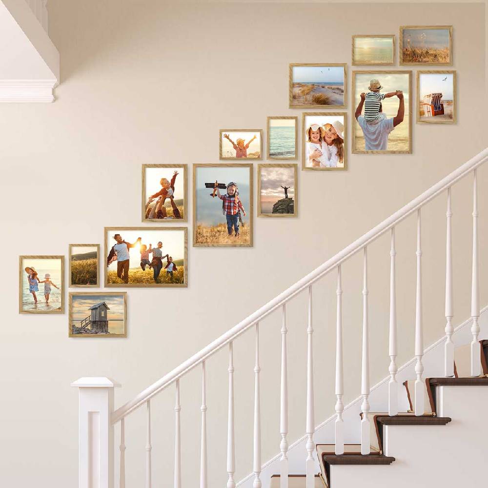 Photolini 15er Bilderrahmen-Set Eiche aus Massivholz Schmal Treppenhaus 10x15 bis 21x30 cm mit Acrylglasscheibe