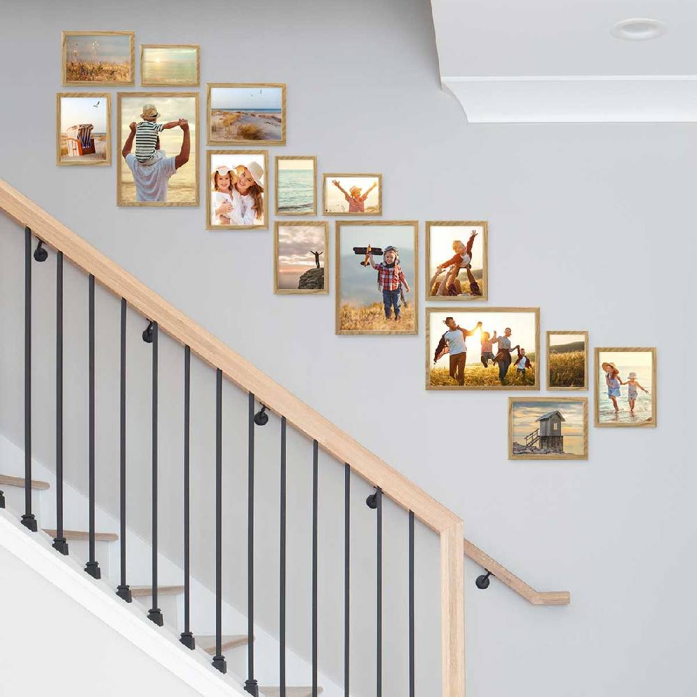 Photolini 15er Bilderrahmen-Set Eiche aus Massivholz Schmal Treppenhaus 10x15 bis 21x30 cm mit Acrylglasscheibe Meist gekauft