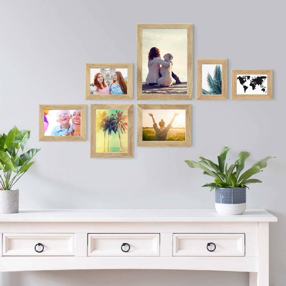 Photolini 7er Bilderrahmen-Set Eiche breit modern Massivholz mit Acrylglas Blitzverkäufe