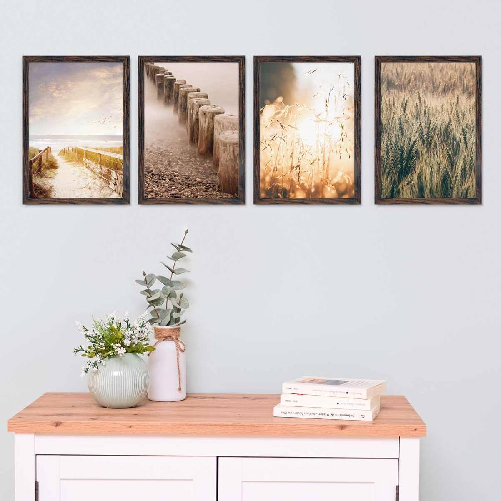 Photolini 4er Set Poster-Bilderrahmen Eiche Dunkel 21x30 cm / DIN A4 aus MDF mit Acrylglas